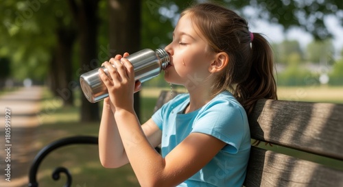 Little girl drinking water from metal bottle sitting on park bench. Drinking water helps to maintain good health, quench thirst, and reduce sugar consumption.