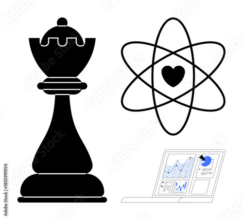 Black chess piece for strategy, atomic model with heart for science and passion, and analytics dashboard for data insights. Ideal for strategy, innovation, science, analytics, decision-making
