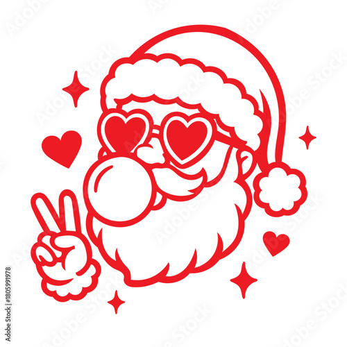 Cool Groovy Santa Head Vector Outline with Heart-Shaped Sunglasses and Peace Hand Sign
