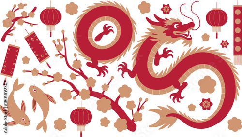Representation of Chinese Dragon, Lanterns, Plum Blossoms, Fish Red and Tan
