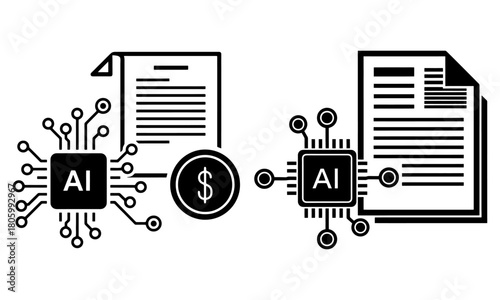 Artificial intelligence chip connected to documents and dollar icon concept