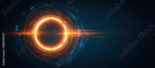 Futuristic technology interface design with glowing orange circular digital elements and blue geometric patterns. Abstract tech concept showing advanced digital display and modern user interface in cy