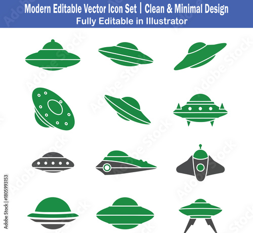 Minimal flat 2D vector icon set featuring ten unique UFO designs in modern clean graphic style