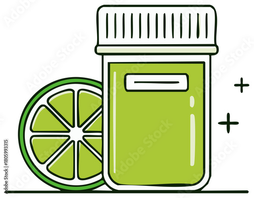 Glass jar with lime and green liquid, cartoon style illustration
