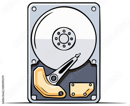 Illustration of an open computer hard disk drive showing internal components like platters and read write head