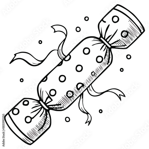 Festive hand drawn treat wrapper with polka dots and flowing ribbons celebration doodle