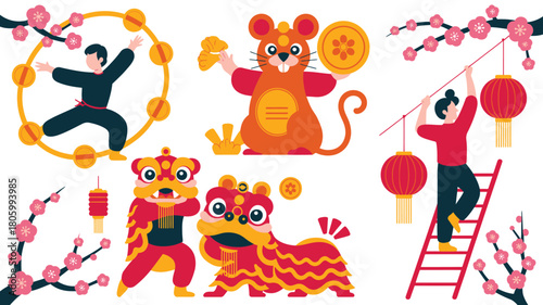Vibrant Chinese New Year Celebration Kung Fu, Lion Dance, Year of the Rat, Lanterns