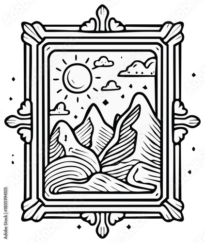 Ornate framed drawing of a sunny mountainous landscape with clouds and stylized trees