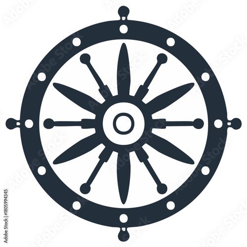 Nautical ship steering wheel with spokes and circular rim for navigation and direction control