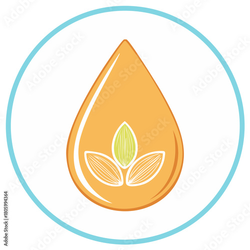 Orange essential oil drop with stylized almond shapes and surrounding blue circle