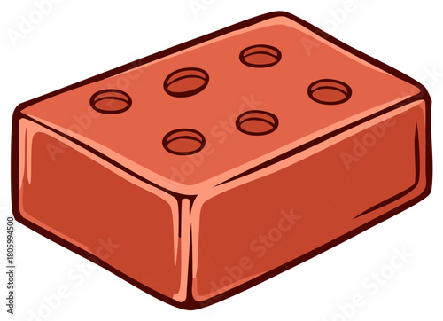Single Red Clay Brick with Holes Cartoon Illustration for Building and Masonry