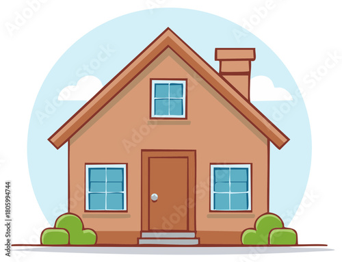 Cute Single Family House Illustration with Yard, Chimney, Windows, and Sky, Representing Home Ownership and Housing