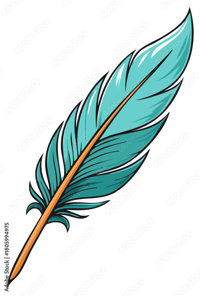 Fototapeta premium Detailed Illustration of a Turquoise and Orange Feather with a Bold Outline