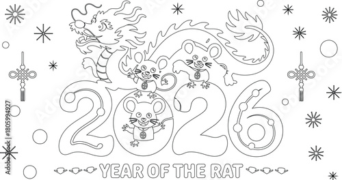Year of the Rat 2026 Coloring Page with Dragon, Chinese Knots and Snowflakes Outline