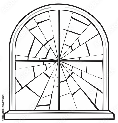 Classic Arched Window with Shattered Glass Cracks Vector Line Art Illustration