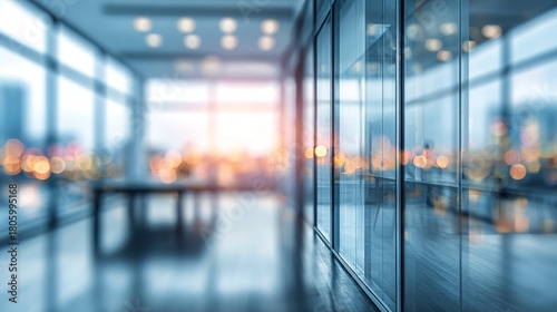 Modern blurred office space of a business building center. Glass wall with empty space. Blurred abstract light background for presentation and design. High quality