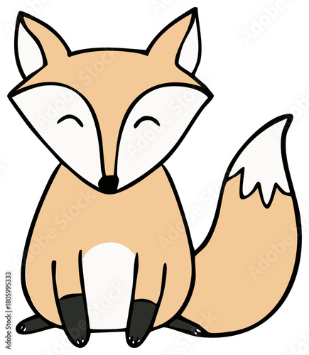 Illustrative Fox Character Smiling with Closed Eyes and Bushy Tail against a White Background