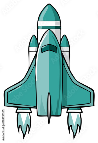 Futuristic Teal Spaceship Ascending with Jet Flames