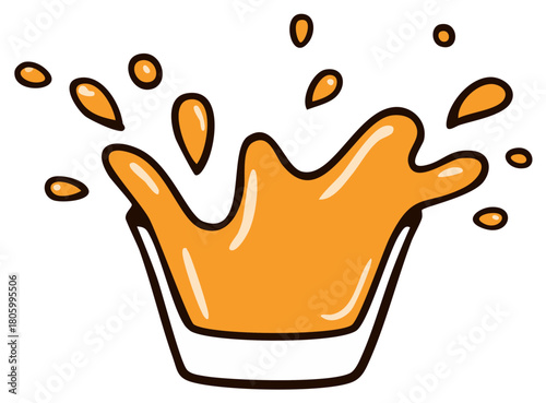 Orange liquid splash in a glass with flying drops cartoon illustration for fresh beverage concepts