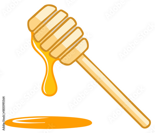 Cartoon wooden honey dipper dripping with sweet golden liquid honey into a puddle vector art