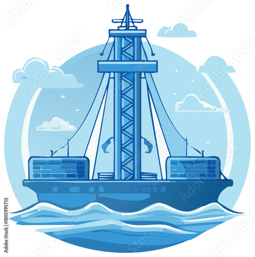 Blue Illustration of Offshore Oil Rig Platform in Ocean with Clouds Against a Circle Backdrop