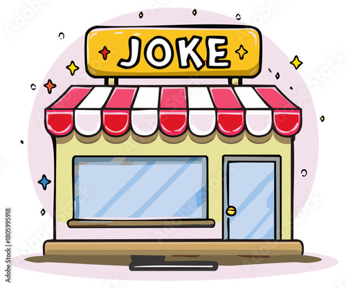 Cute cartoon Joke shop, illustration of a store with a striped awning