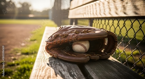 Brown leather baseball glove with ball resting on a wooden bench at a baseball field
