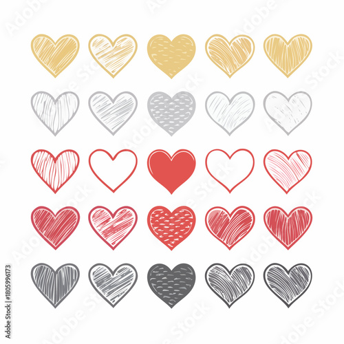 Set of hearts icon, heart drawn hand - stock vector