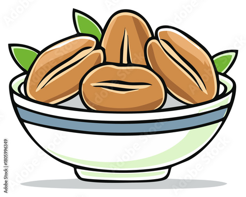 Simple cartoon illustration of roasted peanuts in a white bowl