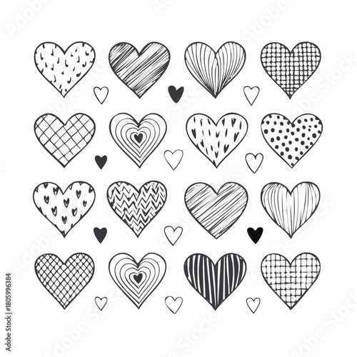 Set of hearts icon, heart drawn hand - stock vector