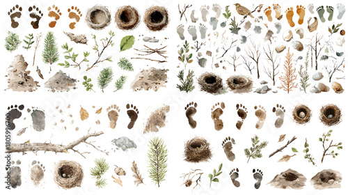 Watercolor collection of animal footprints, nests, leaves, branches, stones, and forest textures, depicting detailed natural elements and outdoor wilderness themes on white background.