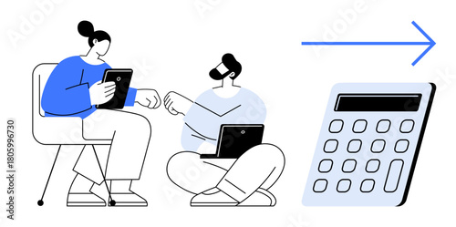 Two individuals using tablets during a conversation, seated in casual positions near a calculator, indicating teamwork, financial planning, and strategic decision-making. Ideal for collaboration