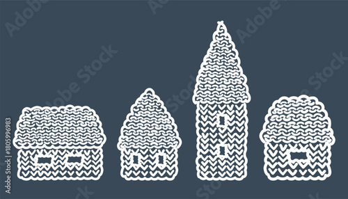 Knitted Houses. Set. Winter Houses Collection. Knitted Christmas Village Template. Four White Knitted Houses on Dark Blue Background. Vector Illustration