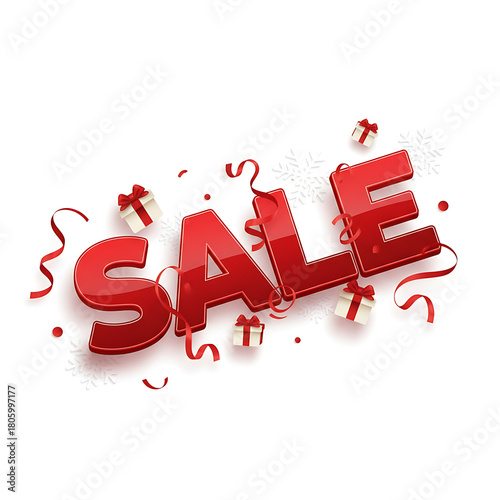 Bold 3D Red SALE Banner with Festive Paper Gifts and Snowflakes - Holiday Promotion Design Element with Copy Space. wallpaper