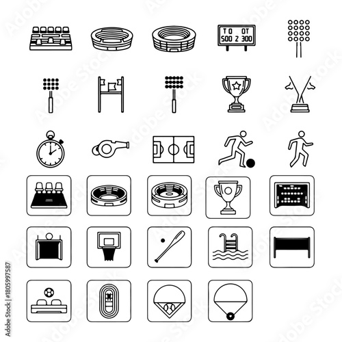 black editable thin linear with pure white background Minimalist stadium with chairs line icons set