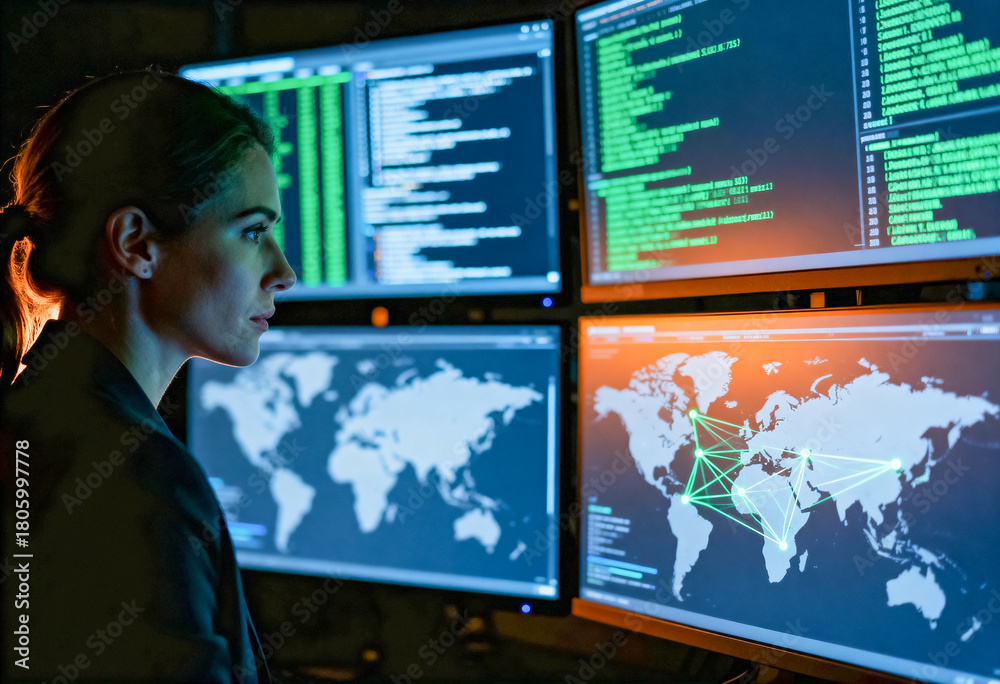 Fototapeta premium Cybersecurity specialist monitoring global network connections and security breach code on four dark computer screens in a control room at night