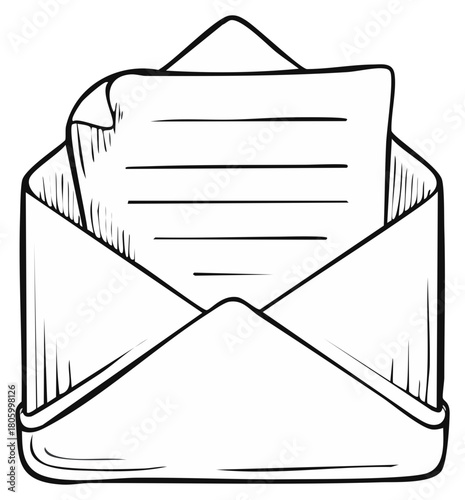 Hand drawn sketch illustration of an open envelope with a letter or message