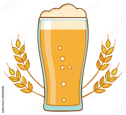 Cartoon illustration of a glass of beer with wheat