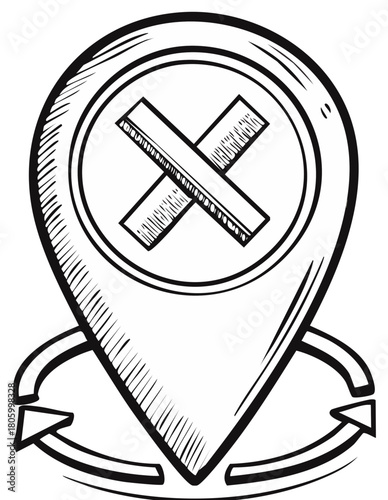 Hand drawn geolocation marker with crossed out symbol and circular arrows