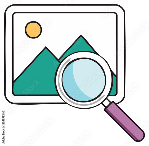 Doodle style picture frame icon featuring mountains and sun with a magnifying glass for image search
