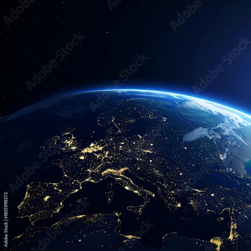 Earth at night from space showing Europe with city lights.