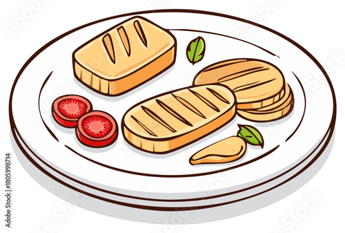 Illustrated plate featuring grilled main courses, fresh tomato slices, and vegetable side dishes.