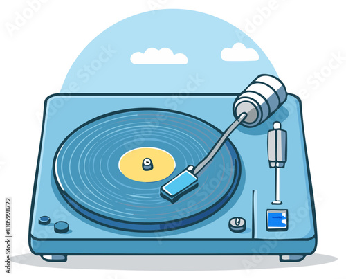 Whimsical blue cartoon turntable spinning a vinyl record under simple clouds retro music player illustration