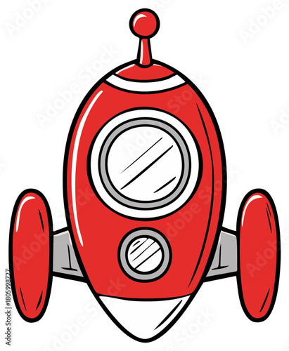 Red cartoon rocketship illustration. Space travel design with window details.