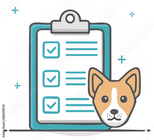 Dog health examination concept with a pet and a completed medical checklist on a clipboard