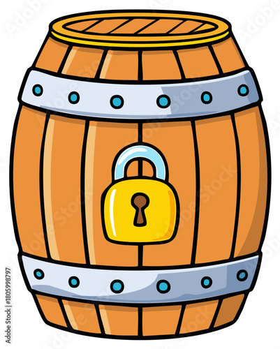 Locked wooden barrel cartoon illustration with a prominent padlock