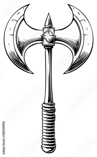 Ornate double headed medieval battle axe with spike and wrapped handle line art