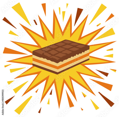 Illustration of a chocolate dessert block with a burst effect, cartoon design