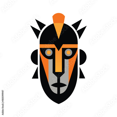 African Tribal Mask with Orange and Grey Accents and Spiky Hair on White Keywords: tribal, mask, african, icon, art, culture, design, symbol, face