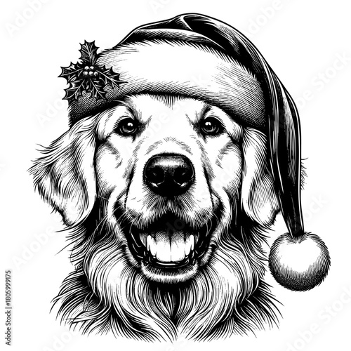 Hand drawn cute Labrador Retriever wearing a Santa hat, vector sketch isolated on white background, SVG vector	